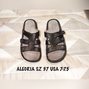 Alegria Black Embossed Leather Slide Adjustable Sandals Size 37 or 7-7.5